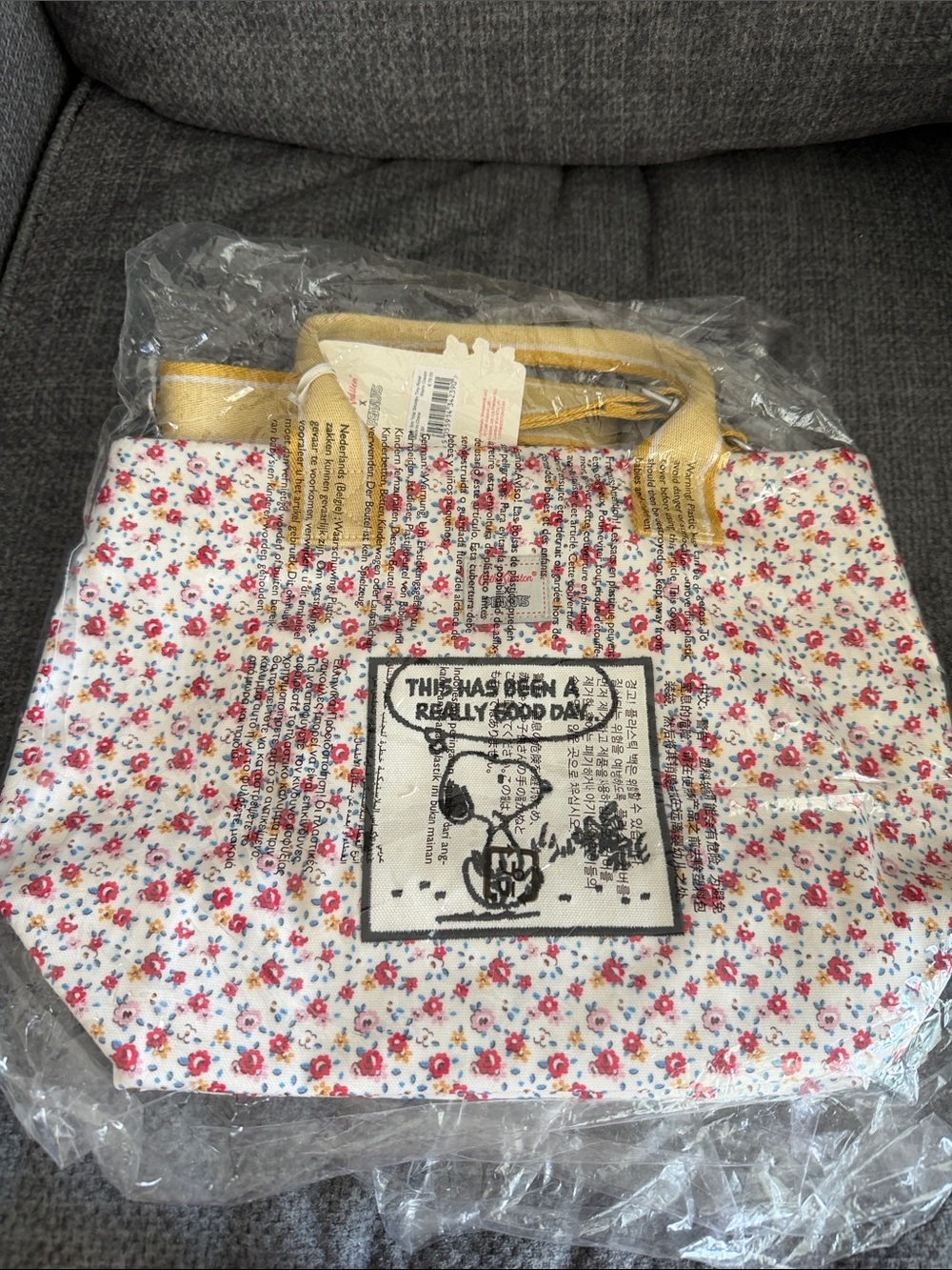 Cath Kidston Floral Canvas Tote with Yellow Handles and Snoopy Patch